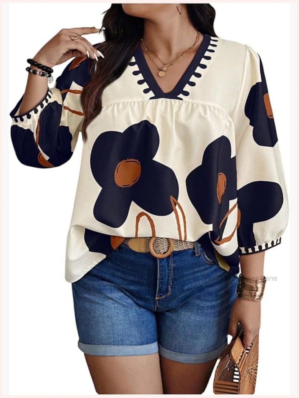 Plus Size Floral Print Blouses Boho Lantern 3/4 Sleeve V Neck Dressy Casual Tops